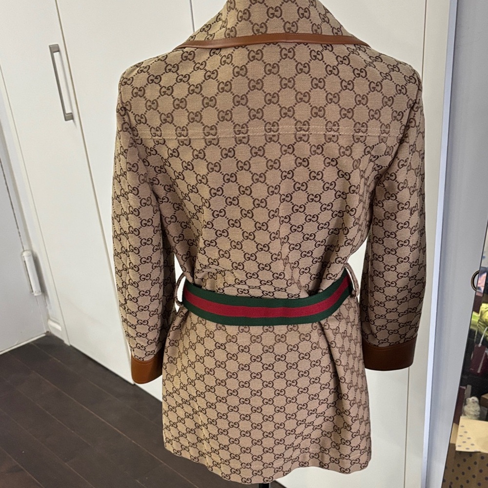Gucci Aria GG Monogram jacket with Brown Leather Trim and Web Stripe belt - Picture 5 of 8